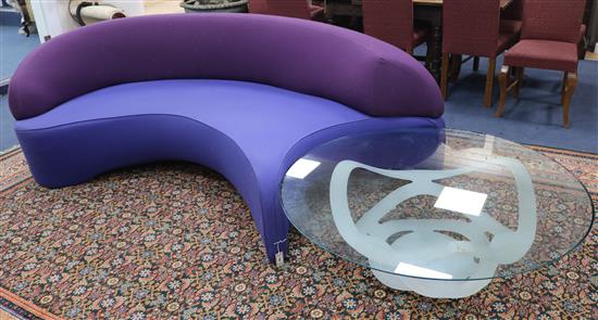 A Roche Bobois, after Vladimir Kagan, two tone curvilinear settee and an opaque glass coffee approx L.240cm